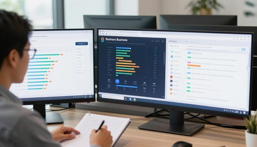 Person evaluating AI business tools on multiple screens with rating charts and comparison metrics