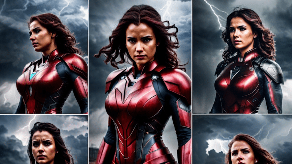 Various versions of woman wearing ironsuit generated using Artsmart AI
