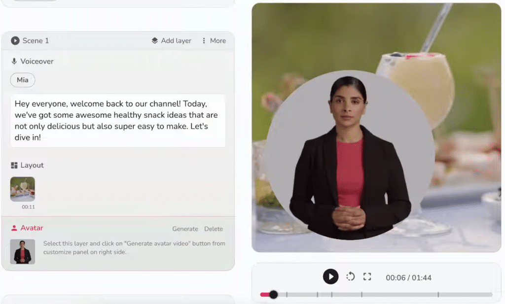 Generating and scripting a scene to be presented as a voice over by ai avatar within fliki