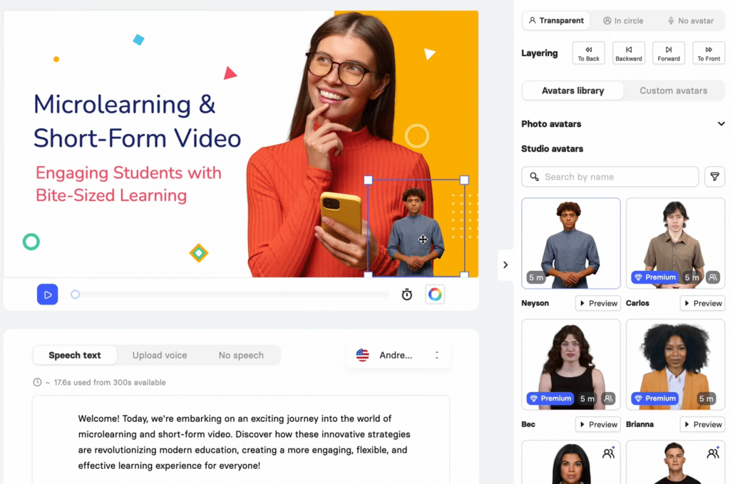 Select premade or custom avatars for your interactive e-learning video presentations