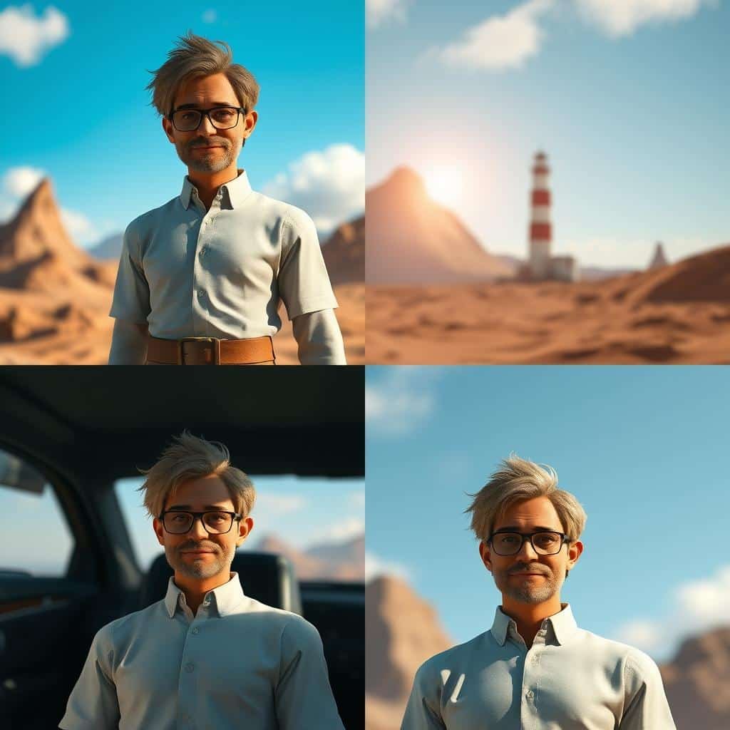 AI-generated image showing character consistency across multiple scenes AI-generated image showing character consistency across multiple scenes