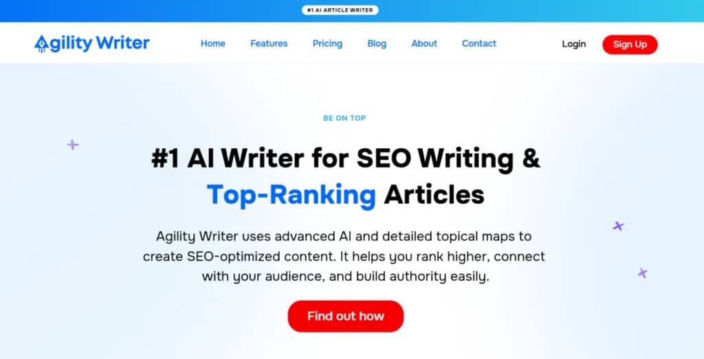 Agility Writer interface showing SEO optimization features for AI content writing in 2025