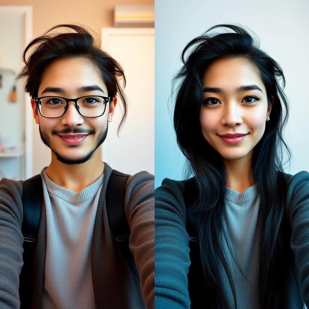 Before and after comparison of a selfie transformed into professional portrait by Photo AI Before and after comparison of a selfie transformed into professional portrait by Photo AI