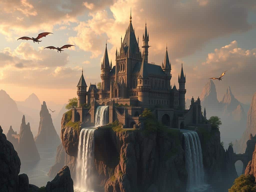 Complex AI-generated scene created with Getimg.ai showing detailed fantasy landscape Complex AI-generated scene created with Getimg.ai showing detailed fantasy landscape