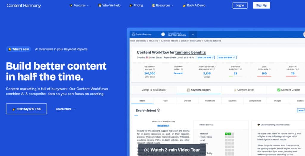 Content Harmony interface showing content brief creation features for 2025