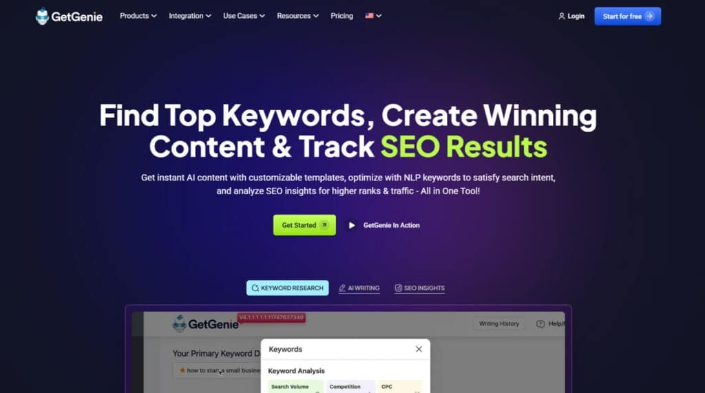 Get Genie WordPress integration showing AI content writing capabilities for 2025