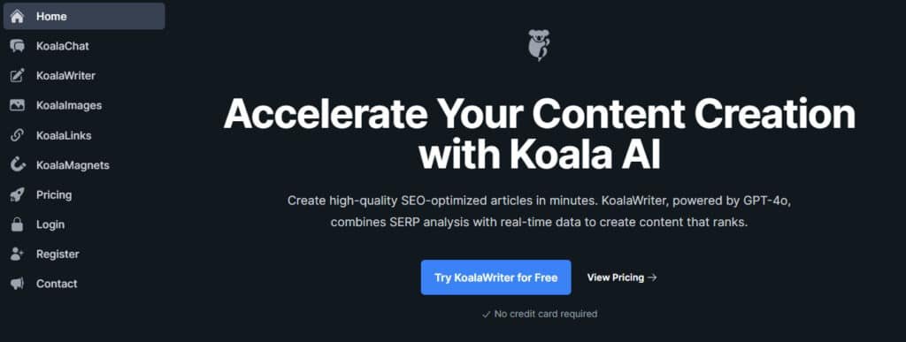 Koala AI interface showing content generation capabilities for AI content writing tools in 2025