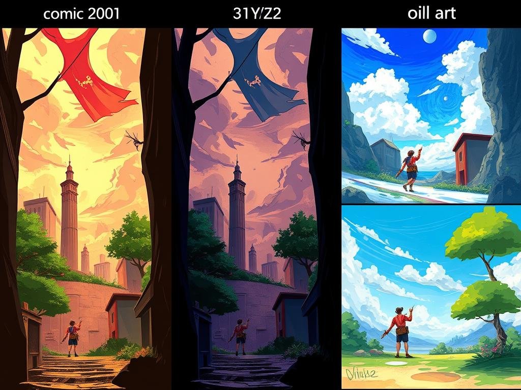 Multiple artistic styles from Drawthis.ai showing the same scene in different art styles Multiple artistic styles from Drawthis.ai showing the same scene in different art styles