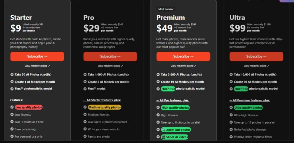 Photo AI - Pricing plans