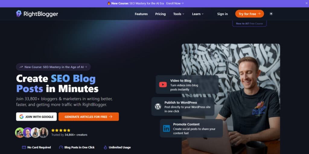 RightBlogger interface showing blogger-focused content creation features for 2025