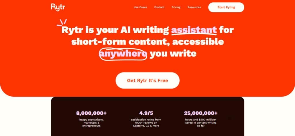 Rytr interface showing AI content writing capabilities for 2025