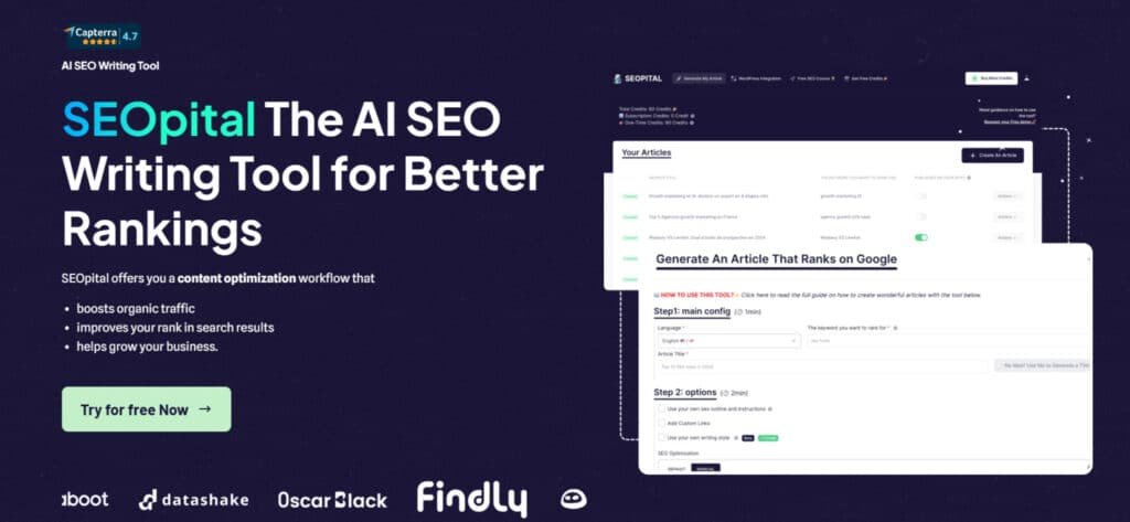 SEOPital interface showing multilingual SEO content creation features for 2025