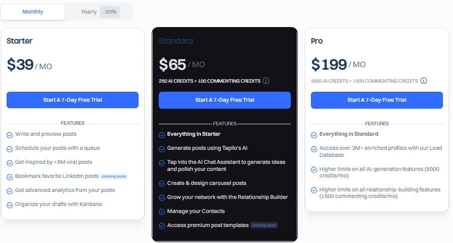 Taplio LinkedIn pricing plans