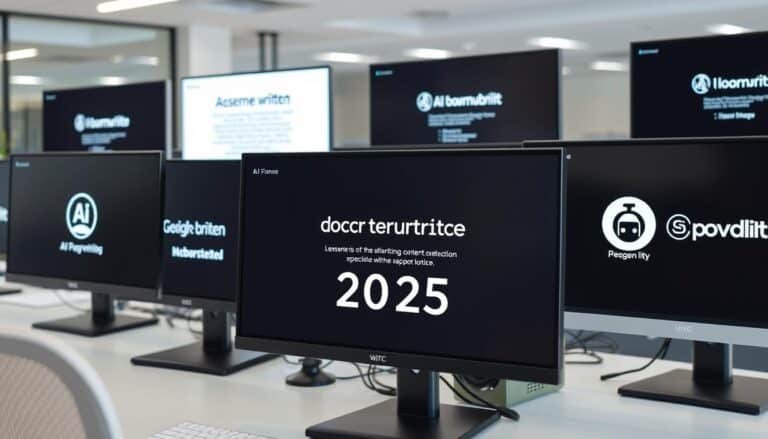 Various AI content writing tools displayed on computer screens showing the best AI content writing tools of 2025