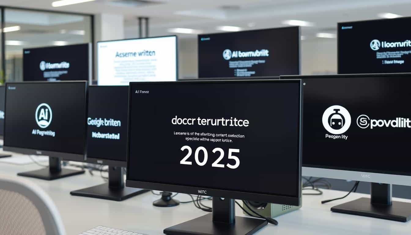 Various AI content writing tools displayed on computer screens showing the best AI content writing tools of 2025