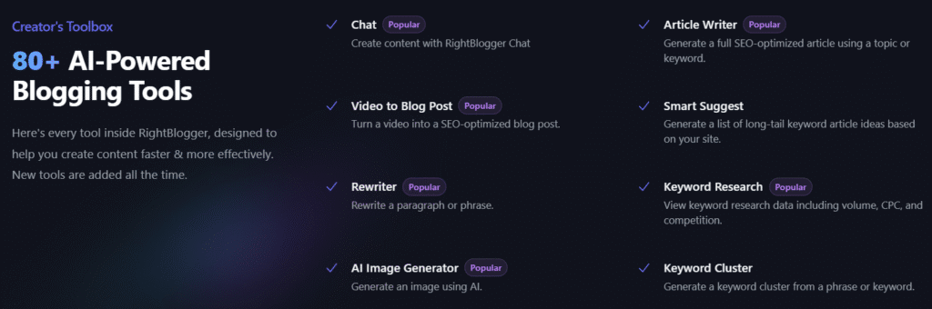 RightBlogger Review: RightBlogger offers a suite of 80+ AI-powered Blogging Tools