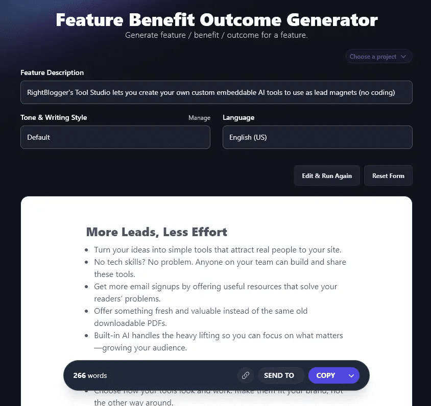 RightBlogger Review: RightBlogger Feature Benefit Outcome Generator Tool