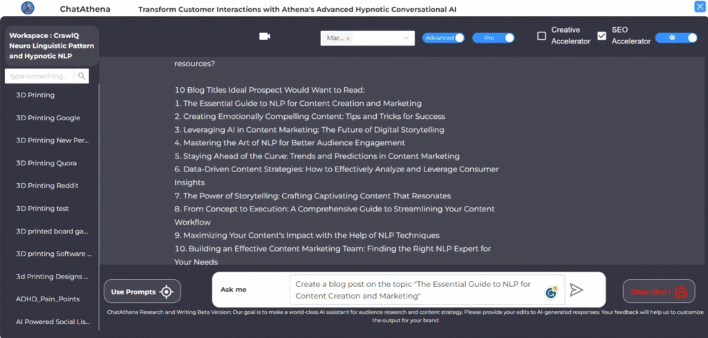 CrawlQ.ai Review: CrawlQ.ai Creating Blogpost with ChatAthena Chatbot