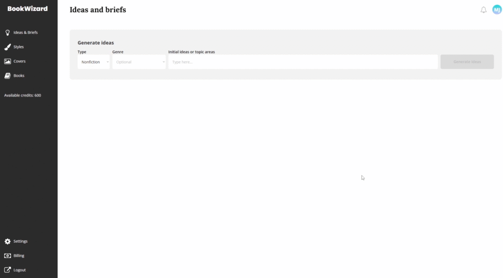 Book Wizard Review: Ideas and Briefs User Interface within Book Wizard