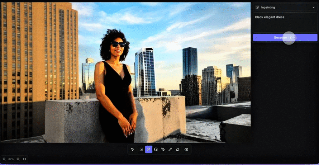 Getimg.ai Review: Getimg.ai Images Edited, Building In Background, Woman's Dress Changed