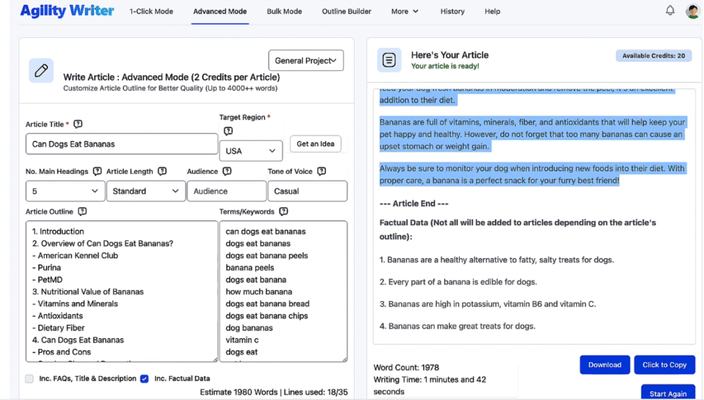 Agility Writer Review: Agility Writer - Article Creation in Advanced Mode