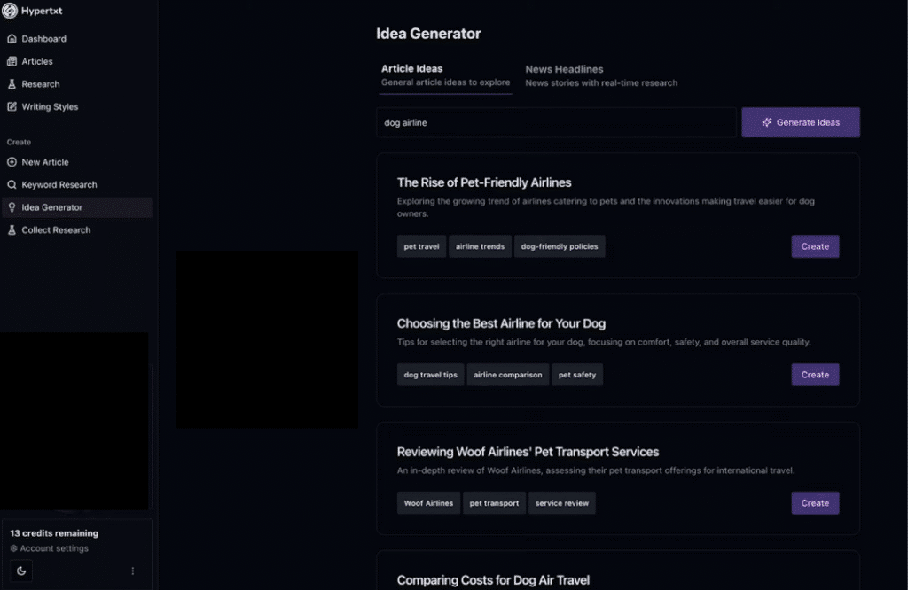 Hypertxt AI Review: Hypertxt AI - Idea Generator Interface
