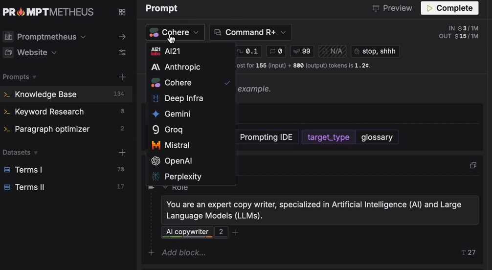 Promptmetheus Review: Promptmetheus LLMs and AI Models Selection in Interface
