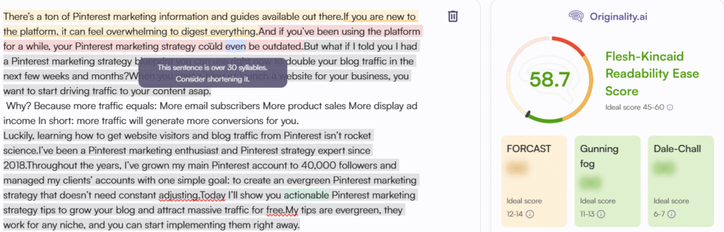 Originality.ai Review: Originality.ai Readability Checker according to Flesh-Kincaid Readability Ease Score