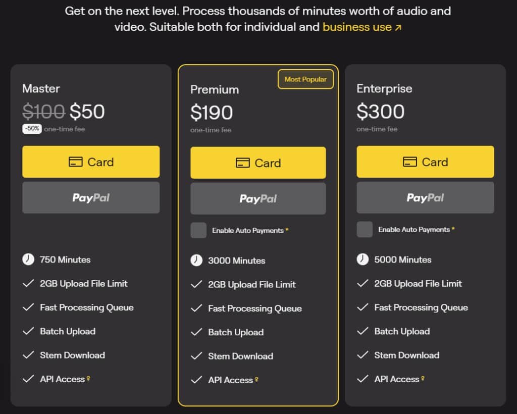 LALAL AI Review: Lalal.AI Pricing Plan - Businesses - Best Vocal Remover & Instrumental AI Splitter