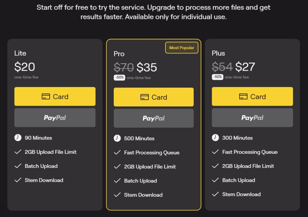 LALAL AI Review: Lalal.AI Pricing Plan - Individual - Best Vocal Remover & Instrumental AI Splitter
