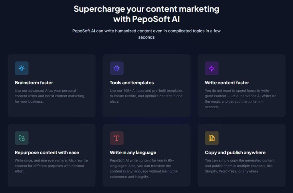 PepoSoft AI Review: Peposft Features - Humanized Content Generation, Content Creator & Writing Assistant