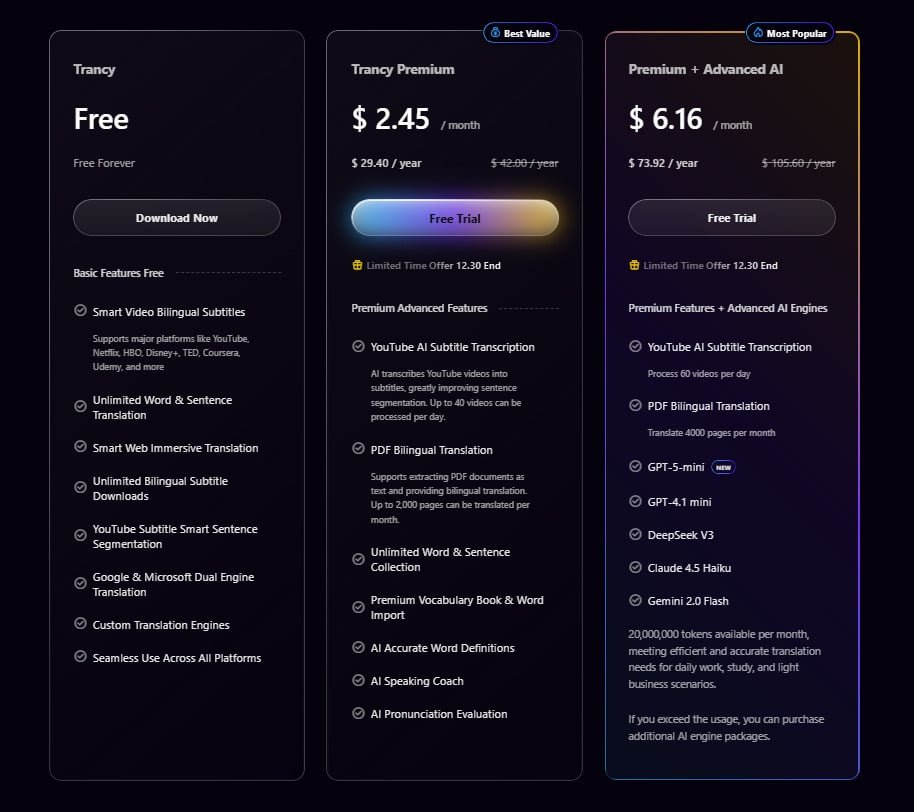Trancy Review: Trancy Pricing Plans - AI Language learning, AI Language tutor, AI Language learning app & AI Language tutor app