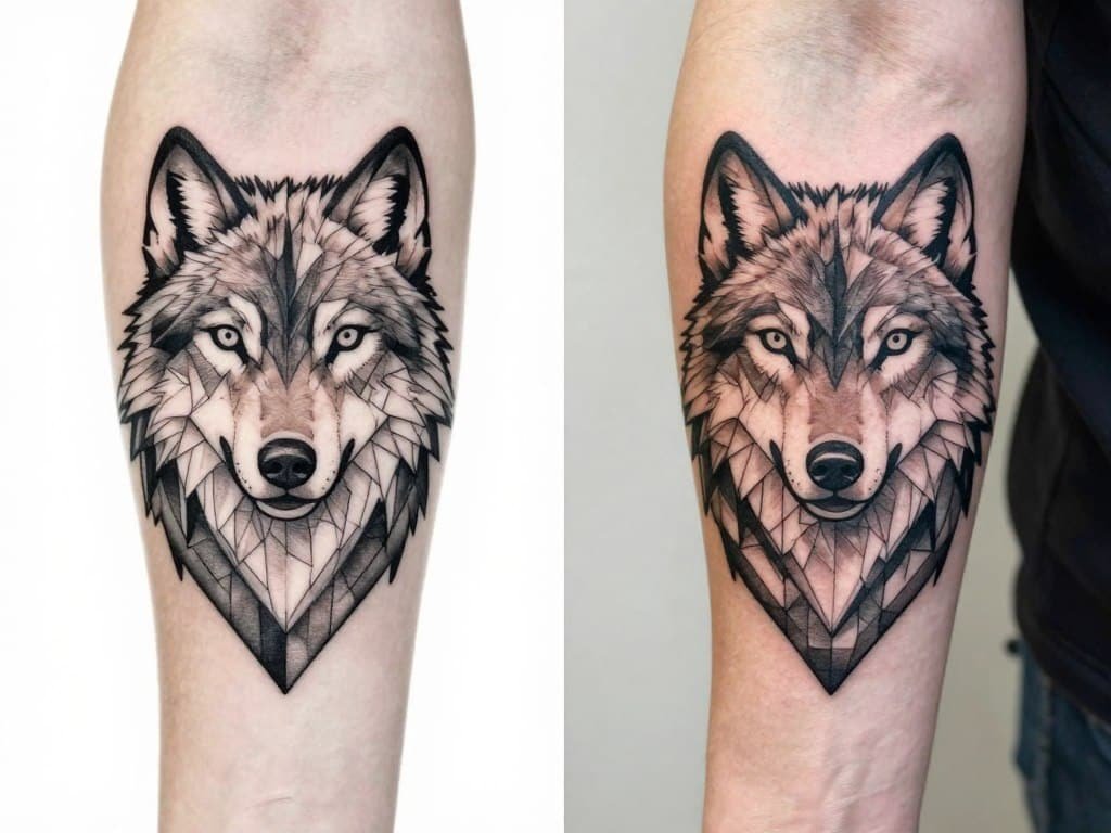 Before and after comparison of an AI-generated tattoo design and the final tattoo