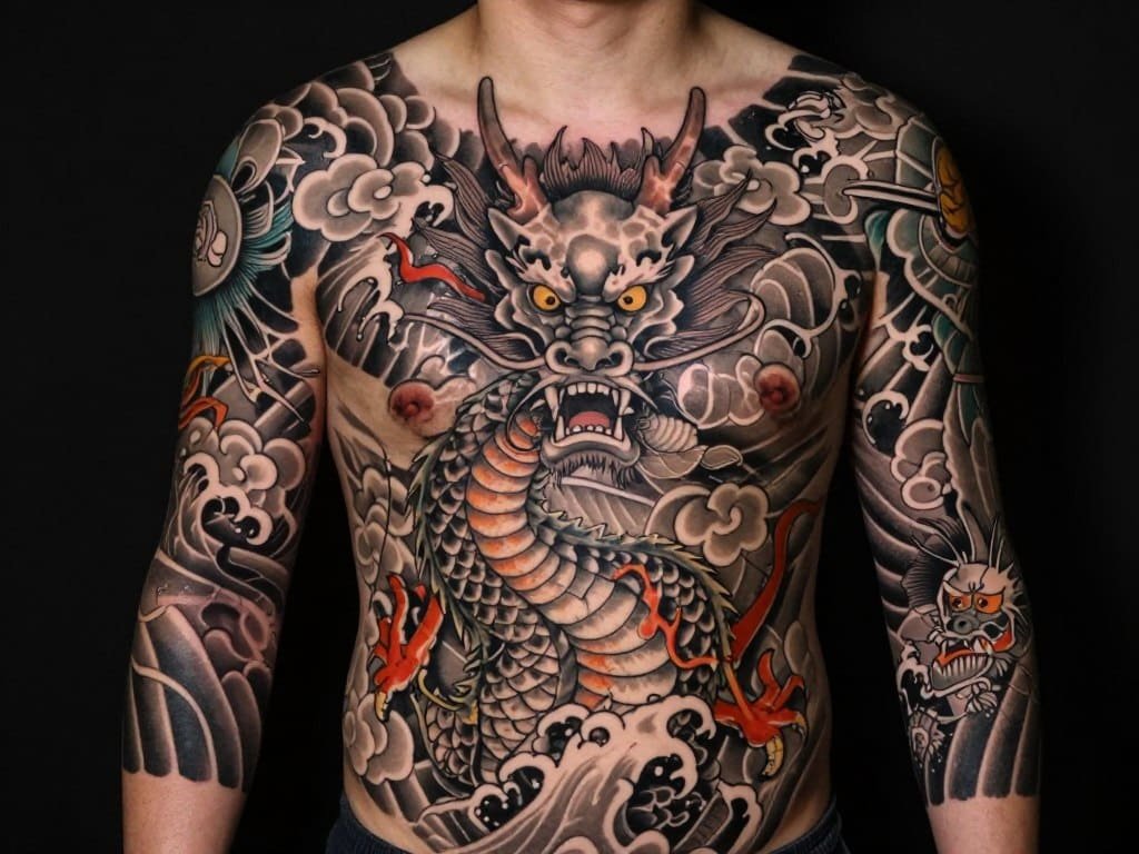 Japanese-style dragon tattoo design created with Getimg.AI