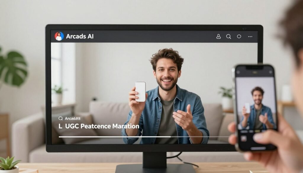 Arcads AI creating UGC-style marketing video with avatar holding product Arcads AI creating UGC-style marketing video with avatar holding product