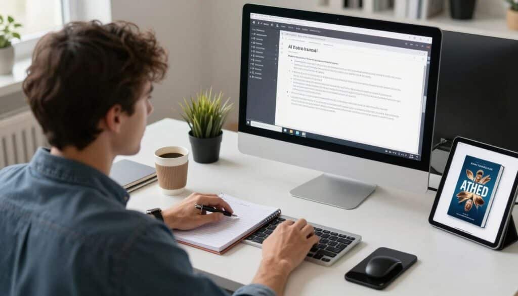 Author working efficiently with AI writing tools at a desk