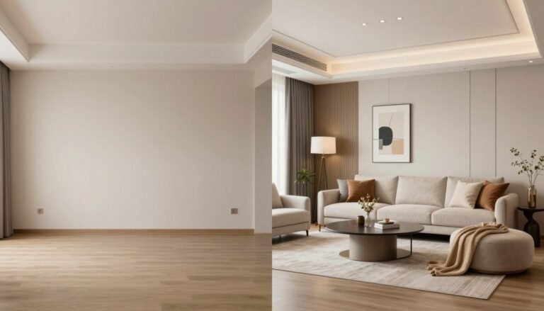 Before and after comparison of a living room transformed with AI home design software
