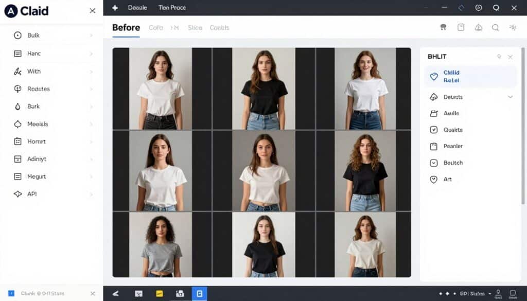 Claid AI bulk photo editing interface showing API automation Claid AI bulk photo editing interface showing API automation