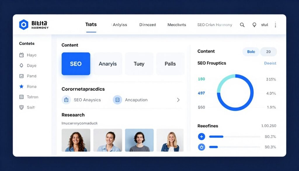 Content Harmony dashboard showing content brief creation and SEO analysis tools