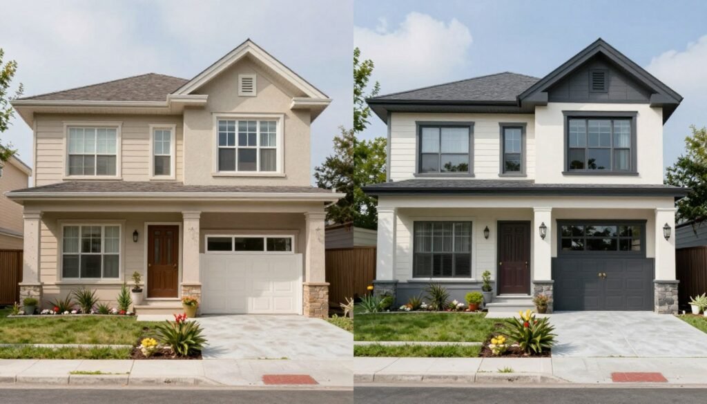 House exterior transformed with AI design software showing before and after