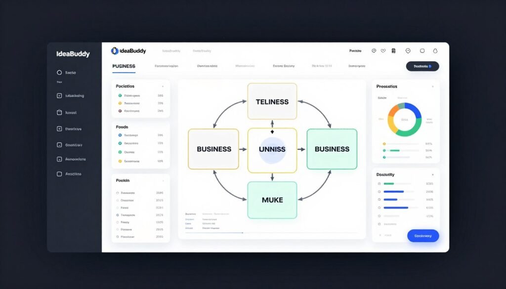 IdeaBuddy interface showing business model canvas and financial projection tools