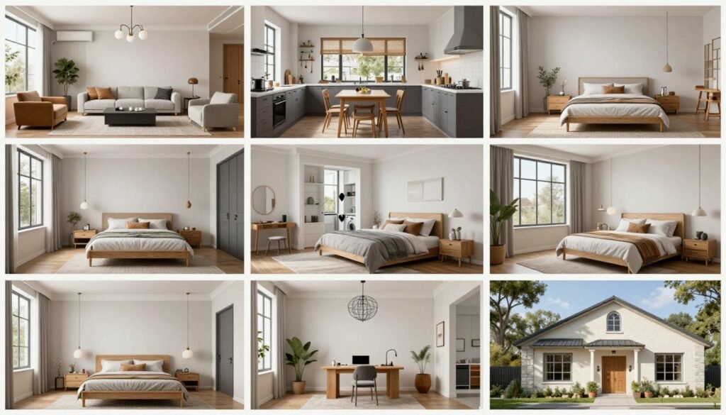 Multiple AI-generated interior designs showing different styles and rooms