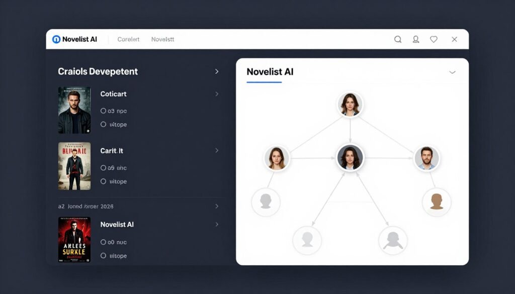 NovelistAI interface showing character development and story structure tools