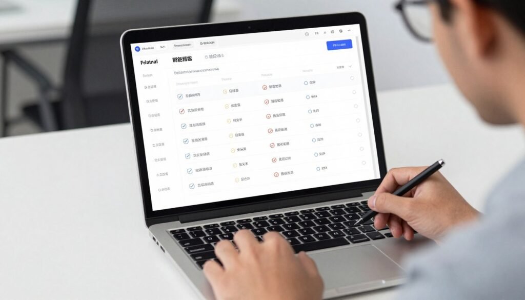 Person evaluating AI sales tool features on a laptop