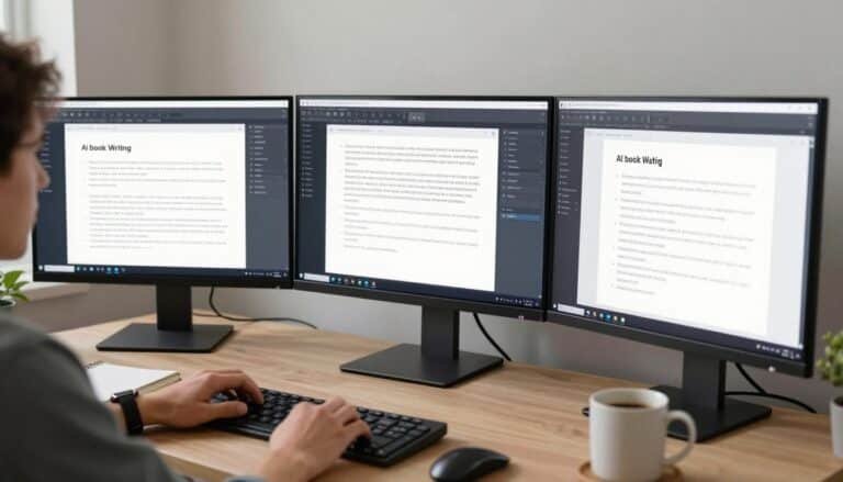 Person testing various AI book writing tools on multiple screens