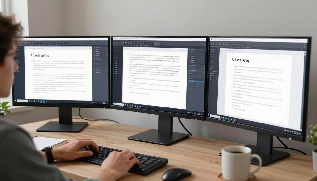 Person testing various AI book writing tools on multiple screens