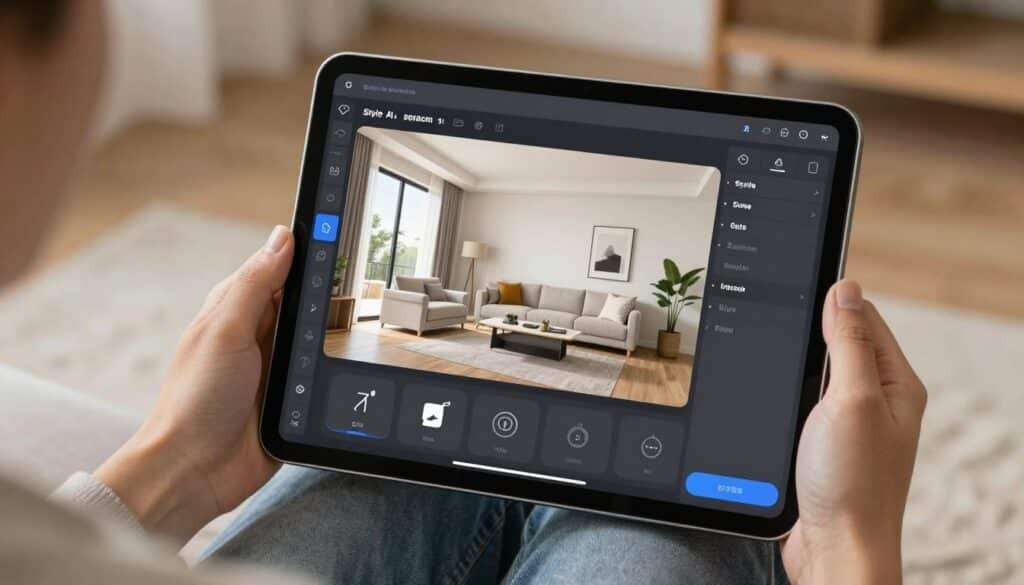 Person using AI home design software on a tablet to redesign their living room