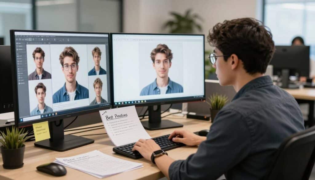 Professional using AI avatar generator with best practice tips visible Professional using AI avatar generator with best practice tips visible