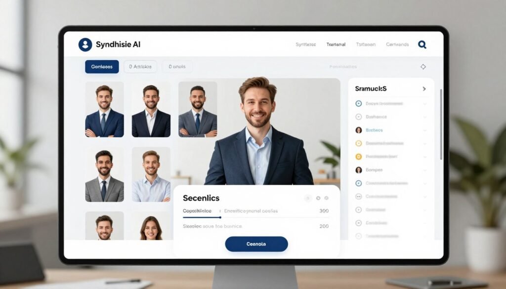 Synthesia AI avatar generator interface showing corporate training video creation Synthesia AI avatar generator interface showing corporate training video creation
