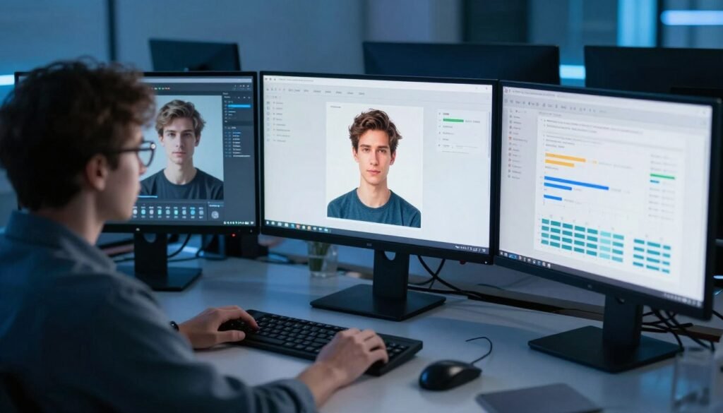 Testing process for AI avatar generators showing multiple screens with different avatars Testing process for AI avatar generators showing multiple screens with different avatars